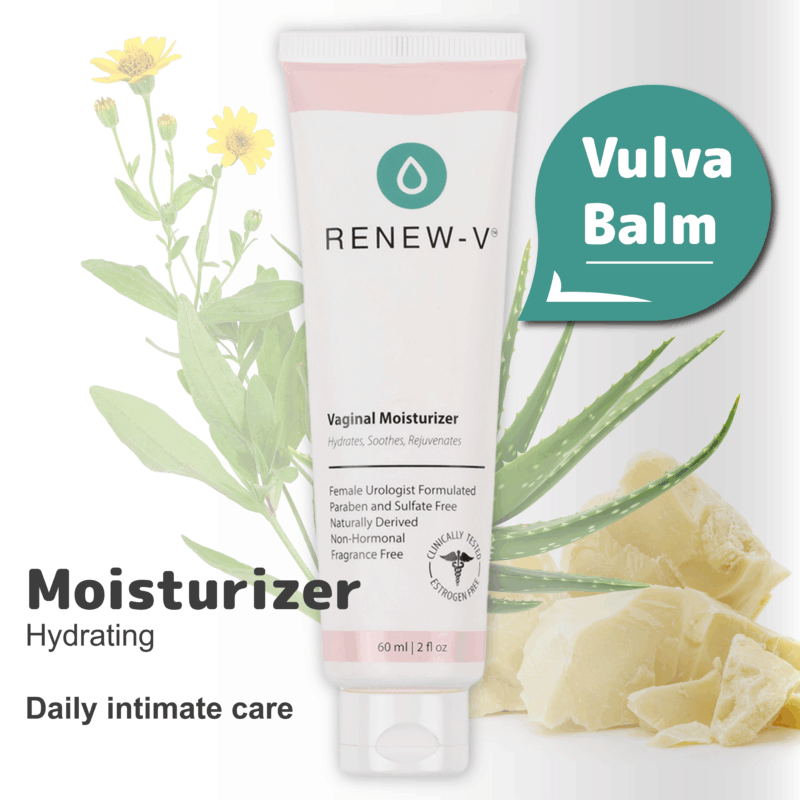 Renew-V all natural ingredients vulva balm and vaginal moisturizer. contains arnica and aloe vera