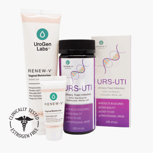 Renew-V product bundle including one 2.0 oz tube of vaginal moisturizer, one travel tube of vulva balm and one at home UTI test kit.