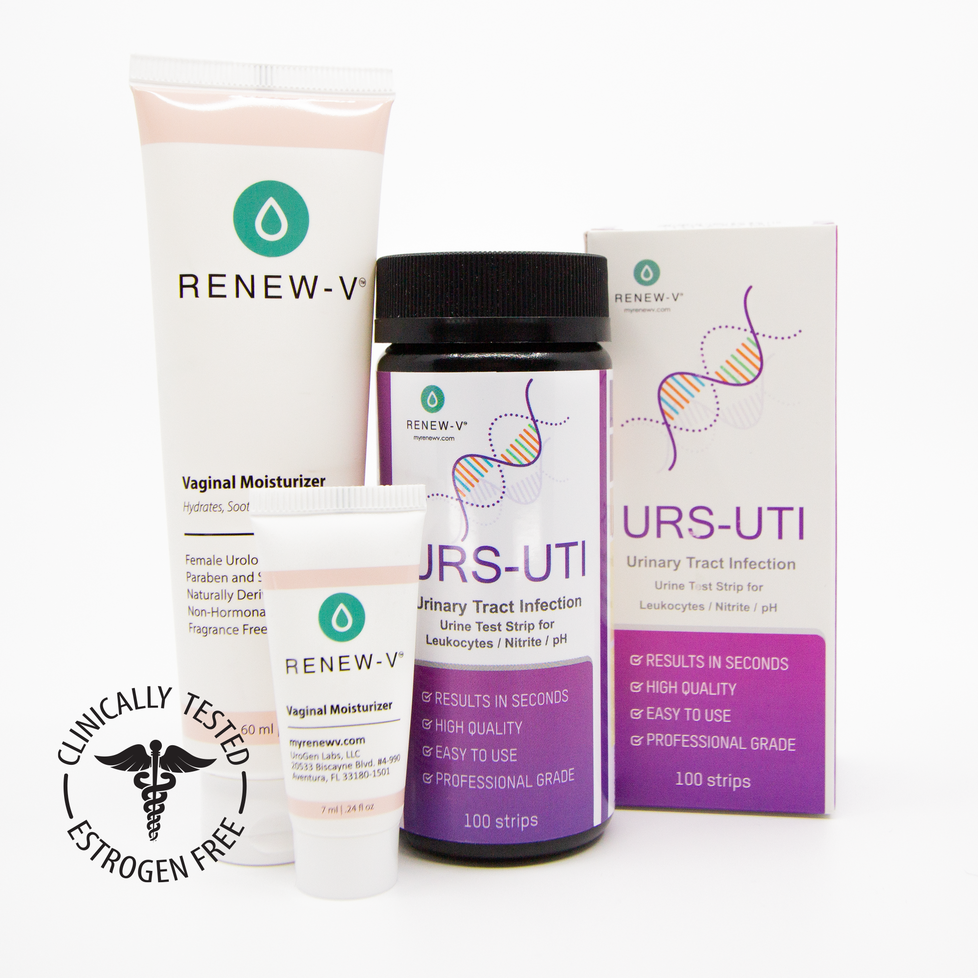 Renew-V Bundle containing vaginal moisturizer and an at home UTI test kit